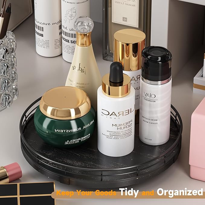 10" Oak Bathroom Vanity Tray Turntable for Perfume Candle, Round Wooden Decorative Tray for Kitchen Sink Countertop Organizer, Bathroom Counter Organizer for Skincare Makeup, Farmhouse Black Gold-HomvellaHome