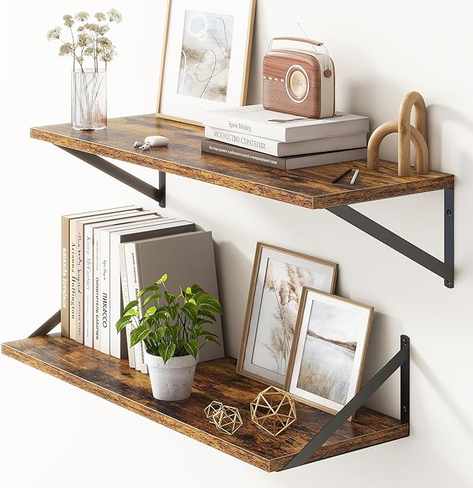 10 Inch Deep Floating Shelves, Floating Shelves 30 Inch Long, Rustic Wood Wall Shelves 30"W x 10"D, Deep Floating Shelf with Bracket, Wide Storage Shelves for Living Room, Bathroom, Rustic Brown-HomvellaHome