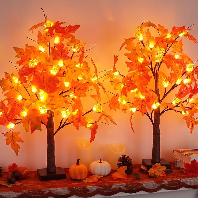 2 Pack 24 Inch Prelit Fall Maple Tree Fall Decor with 48 LEDs Timer Battery Operated Artificial Fall Light Up Tree Maple Acorn for Fall Thanksgiving Decorations Table Home Office Indoor Autumn Harvest-HomvellaHome