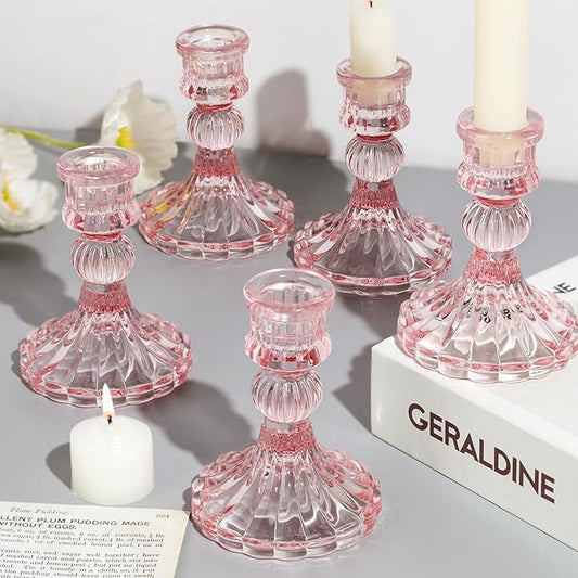 12PCS Pink Candlestick Holders Set- 4" H Taper Candle Holders, Glass Candle Holders Bulk for Wedding, Party, Home Table Centerpieces, Festival Gifts & Windowsill Decor-HomvellaHome