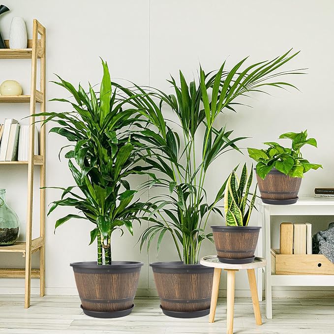 16-inch-Plant-Pots-Indoor-Outdoor, 4 Pack Large Whiskey Barrel Planters with Drainage Holes & Saucer, Plastic Flower Pots Imitation Wine Barrel Design, Decorative Garden Pots for Plants-HomvellaHome