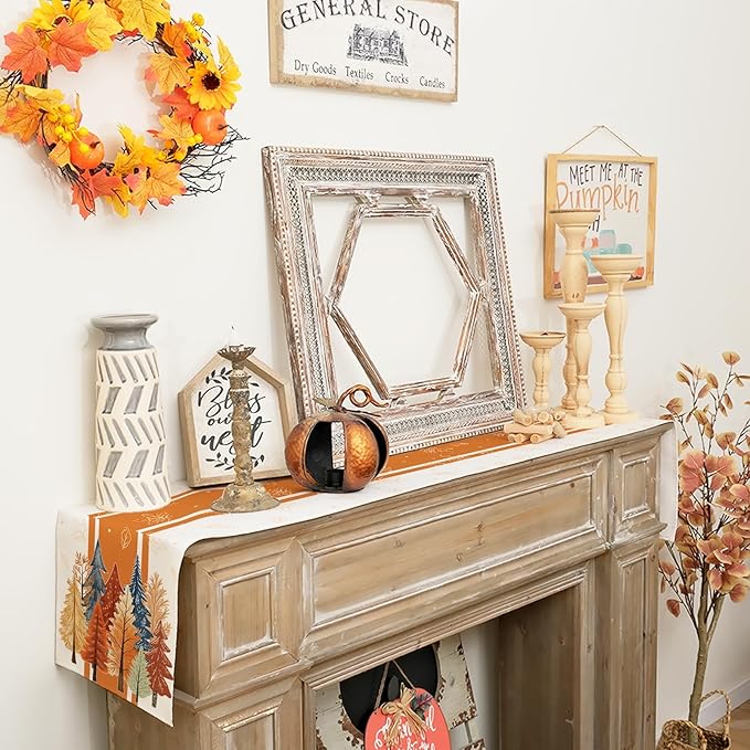 GEEORY Fall Watercolor Trees & Maple Leaves Striped Table Runner 13x108 Inch, Rustic Farmhouse Autumn Thanksgiving Decor for Kitchen, Dining, Indoor/Outdoor Holiday Dinner Party Orange GT157-108-HomvellaHome