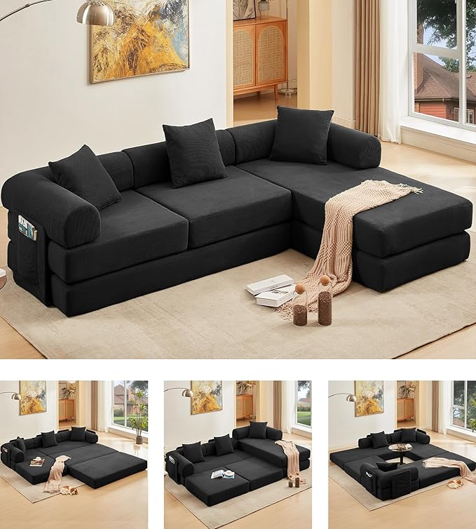 107" Oversized Convertible Sleeper Sofa Bed, Corduroy L Shape Sectional Couch, Folding Sofa Bed with Side Pocket, Modern Cloud Floor Mattress Couch, Modular Sofa for Living Room, Black-HomvellaHome