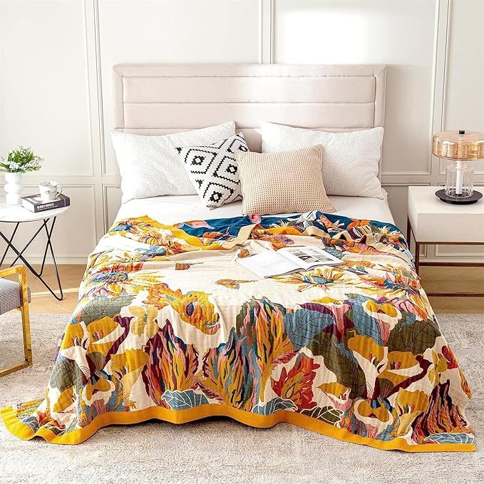 100% Cotton Throw Blanket for Bed Couch Summer 98''x 98'' Super Soft Muslin Blankets Warm Boho Quilt Lightweight Farmhouse Decorative Bed Blankets-HomvellaHome