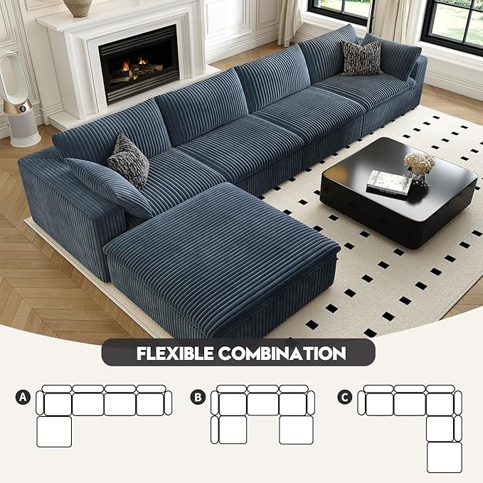 157.5" Cloud Couch Modular Sectional Sofa for Living Room,Modern Sofa with Deep Seat，L-Shape Boneless Couch with Ottoman,Comfy Upholstered Corduroy Couches for Apartment, Studio, Office,Bedroom，Blue-HomvellaHome