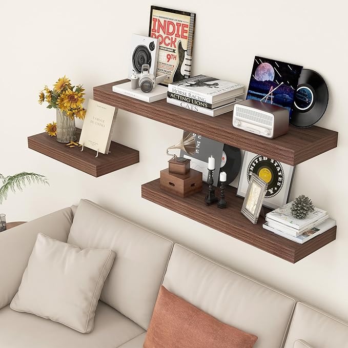 12 Inch Deep Floating Shelves, 48W x 12D Rustic Large Floating Shelves, Deep Walnut Wood Wall Shelves Set of 1 for Living Room Bathroom Laundry Room Bedroom Kitchen Home Office - Walnut-HomvellaHome