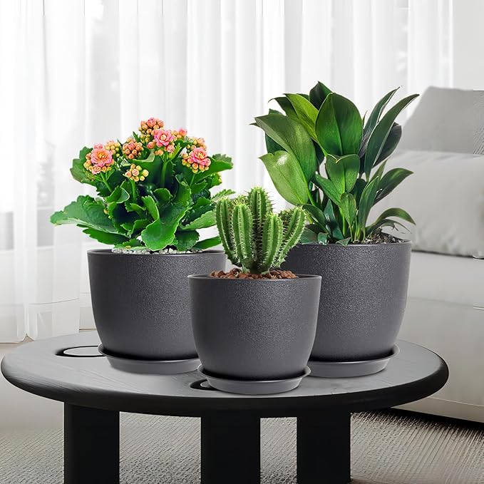10/9/8 inch Medium Plant Pots, 3 Pack Modern Decorative Plastic Planters with Drainage Holes and Saucers, Flower Pots for Indoor Outdoor Plants, Black-HomvellaHome