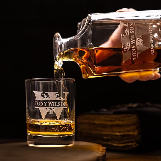 Gifts Inscribed Personalized Whiskey Decanter Set - Engraved Whiskey Decanter Bottle & Set of 2 Custom Drinking Glasses Laser Etched - Customized Whisky Gift for Wedding, Birthday, Fathers Day-HomvellaHome