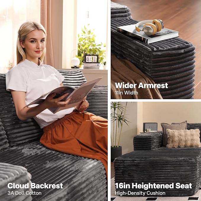 104" Cloudy Sectional L Shaped Couch for Living Room, No Assembly Required, Modular Comfy Sofa with Deep Seat, Fluffy Couch with Sleeper Chaise for Apartment Lounge (Grey)-HomvellaHome