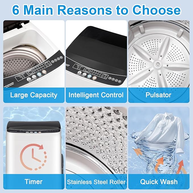 17Lbs Portable Washing Machine with10 Washing Programs, 2.2 Cu. Ft. Full Automatic Washer and Spinner Combo, Compact Laundry Washer Spinner for Apartment RV Dorm (2.2Cu. Ft)-HomvellaHome