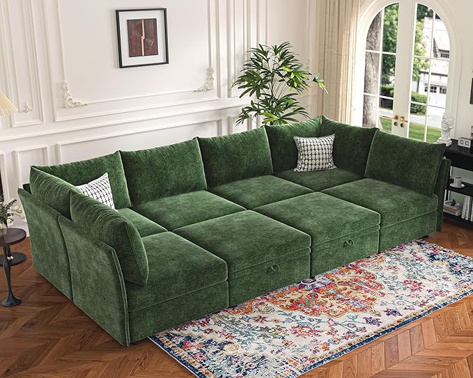 136.4" Oversized Modular Sectional Sofa, U Shaped Convertible Couch with Movable Ottoman, Large 7 Seat Corner Couches for Living Room Deep Seat Green Chenille-HomvellaHome