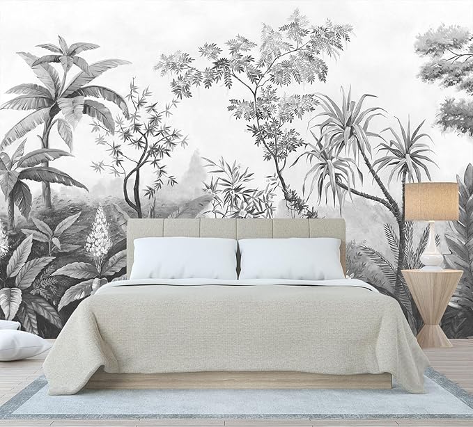 Gray Tropical Rainforest Botanical Wallpaper Bedroom Hand-Painted Oil Painting Jungle Plant Wall Mural Living Room (Not Peel and Stick)-HomvellaHome