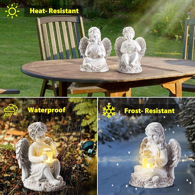 2 Pack Outdoor Angel Statue Garden Decor, Classic Solar Angel Figurine Decoration for Yard Art Indoor Porch Home Lawn Outside Light up Cherub Sculpture Guardian Wings Memorial Gifts-HomvellaHome