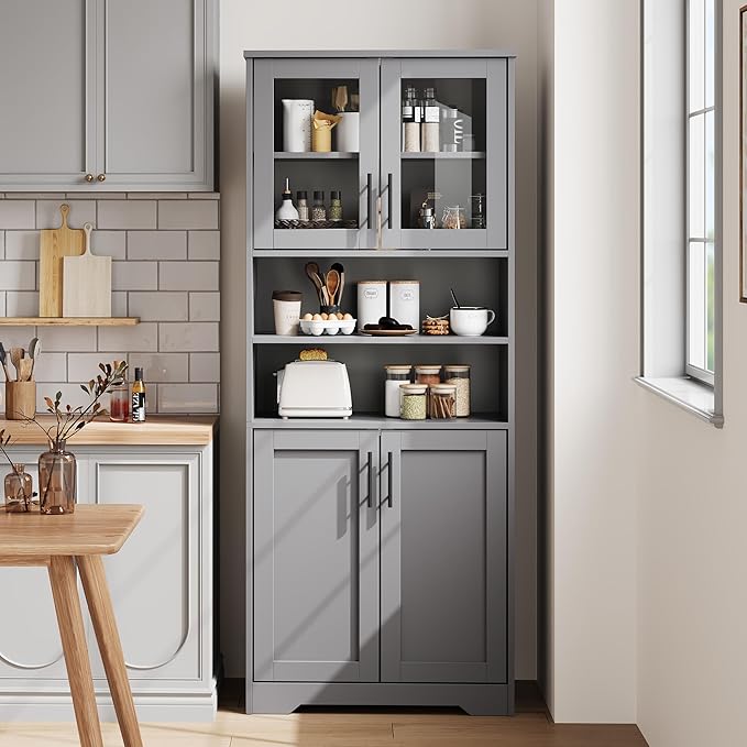 GarveeHome 67" Tall Storage Cabinet, Tall Bathroom Cabinet with Glass Doors and Adjustable Shelves, Freestanding Kitchen Pantry Cabinets, Cupboard for Living Room, Dining Room, Gray-HomvellaHome