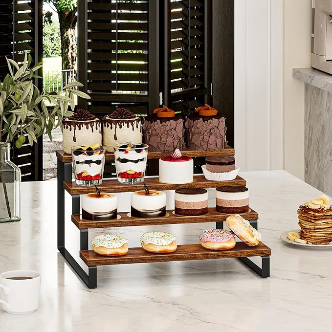 Giikin 4 Tier Spice Rack, Wooden Spice Rack for Countertop, Kitchen Counter Storage Shelves Cupcake Stand Holder Display Stand, Rustic Brown-HomvellaHome