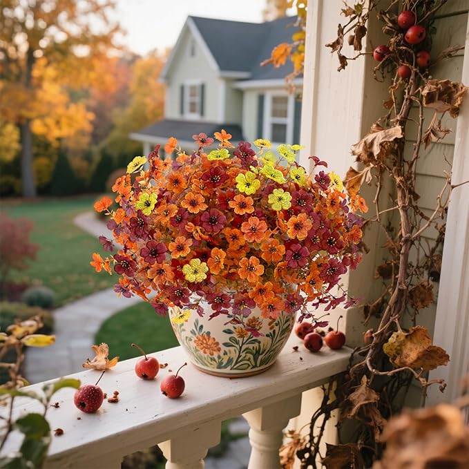12 Bundles Artificial Fall Flowers Faux Mums for Outdoor Indoor, Artificial Plants Daisy Faux Plants Fake Mums for Fall Decor Pots Patio Garden Porch Autumn (Orange，Brown，Yellow) (12)-HomvellaHome