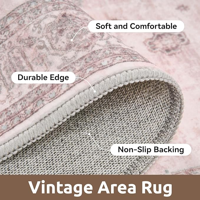 AMOAMI-Vintage Area Rug 6X9 Pink Rugs for Living Room-Soft Living Room Rug Non Slip Rugs for Bedroom Carpet Machine Washable Rug for Dining Room Bedside Office Room Decor-HomvellaHome