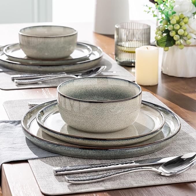 GBHOME Ceramic Dinnerware Sets for 4, 12 Pieces Stoneware Plates and Bowls Sets, Reactive Glaze Dishes -Scratch Resistant, Dishwasher&Microwave Safe, Green Wheat-HomvellaHome