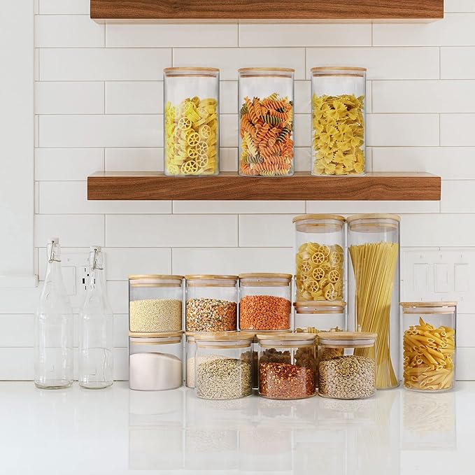 Glass Jars with Bamboo Lids (40oz in 3 Pack), Glass Food Jars and Canisters Sets, Pantry Food Storage Jars with Airtight Lids, Large Glass Canisters with lids-HomvellaHome