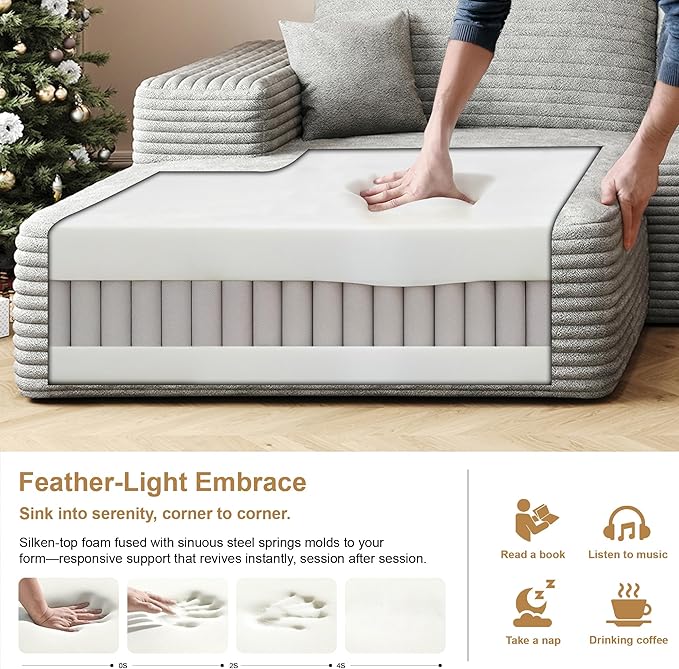 108" Sectional Couches for Living Room Modern Modular Sofa with L-Shape Couchs Upholstered Boneless Couch Deep Seat Sectional Couch with Chaise (Grey, Left Facing Chaise+2Seaters+1Ottoman)-HomvellaHome