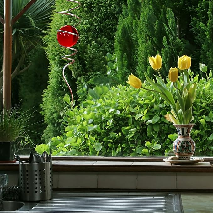 Gazing Ball Spiral Decorative Wind Spinner Sun Catcher 11inch Tail and 2 inch Glass Orb. Indoor Outdoor Garden Decoration Wind Sculptures Wind Spinner Tail-13 inch Height (red)-HomvellaHome