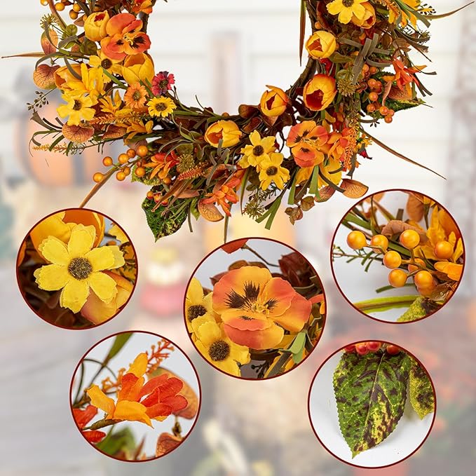 18 Inches Fall Wreaths for Front Door Rustic Autumn Wreath Farmhouse Fall Floral Wreaths with Tulips Phalaenopsis Orange Wildflowers for Wall Window Porch Indoor Outside Decor-HomvellaHome