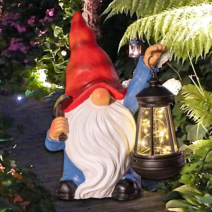 Garden Gnome Statue Solar Light Outdoor Decorations Figurine with Lantern Led Shovel Sculpture Lawn Patio Yard Porch Outside Christmas Housewarming Gifts for Women Mother's Day Grandma-HomvellaHome