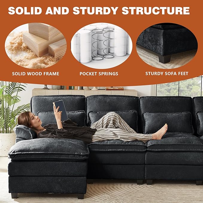 113" Oversized Cloud Couch, U Shape Sectional 4 Seat Sofa with Double Chaises, 2 Layer Cusions, Deep Seat Comfy Sofa, Upholstery Chenille Fabric for Living Room, Black-HomvellaHome