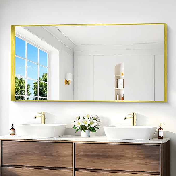 Gold Bathroom Mirror, 30x60 Inch Rectangular Deep Frame Mirror, Large Wall Mounted Bathroom Vanity Mirror Over Sink for Bedroom,Restroom, Living Room, Hangs Vertically or Horizontally-HomvellaHome