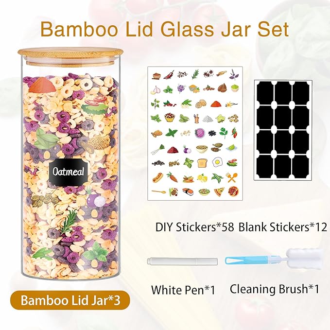 Glass Jars with Bamboo Lids, 58 oz 3 Pcs Kitchen Glass Containers with Bamboo Lids, Airtight Glass Pantry Storage Containers with Lids for Rice, Flour, Nuts, Cookie, Pasta, Oatmeal, Bean-HomvellaHome