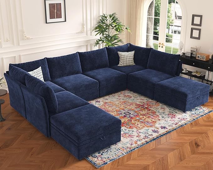 136.4" Oversized Modular Sectional Sleeper Sofa Bed, U Shaped Convertible Couch with Movable Ottoman, Large 8 Seat Corner Couches for Living Room Deep Seat Blue Chenille-HomvellaHome