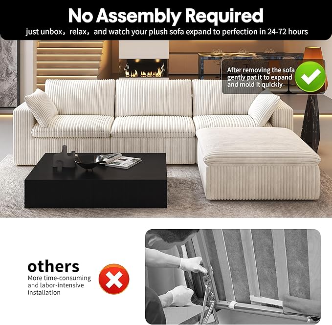 118" L Shaped Modern Sofa Modular Sectional Cloud Couch with Ottoman,Deep Seat Upholstered Couches with Plush Corduroy Fabric for Living Room Furniture,Bedroom and Apartment,No Assembly Required,White-HomvellaHome