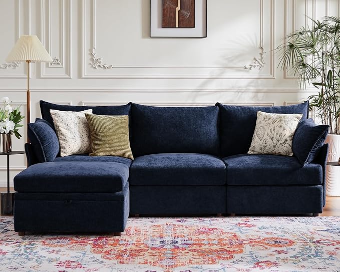 102.6" Modular Sectional Sofa, L Shaped Couch Set for Living Room, 3-Seater Comfy Cloud Couches with Movable Storage Ottoman,DIY Combination - Chenille Blue-HomvellaHome