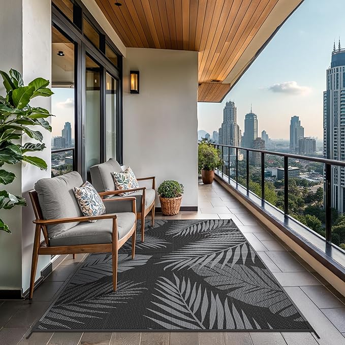 GENIMO Outdoor Rug 8' x 10' Waterproof for Patios Clearance, Reversible Outdoor Plastic Straw Camping Rug Carpet, Large Area Rugs Mats for RV, Camper, Deck, Balcony, Porch, Beach, Picnic, Black&Grey-HomvellaHome