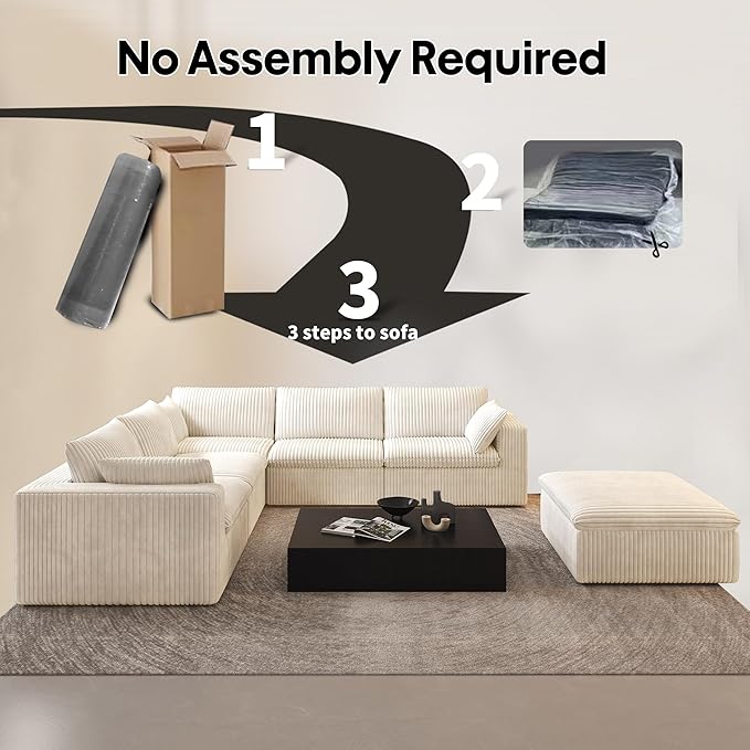 118" 6-Seater Cloud Sofa,Modular Sectional Couch with Ottoman,Modern Deep Seat Upholstered Couches with Plush Corduroy Fabric for Living Room Furniture,Bedroom and Apartment,No Assembly Required,White-HomvellaHome