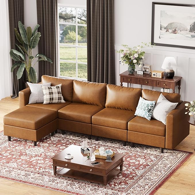 118.5" Faux Leather Modular Sectional Sofa, L Shaped Couch Set for Living Room, 5-Seater Comfy Cloud Couches with Movable Storage Ottoman,DIY Combination - Brown-HomvellaHome