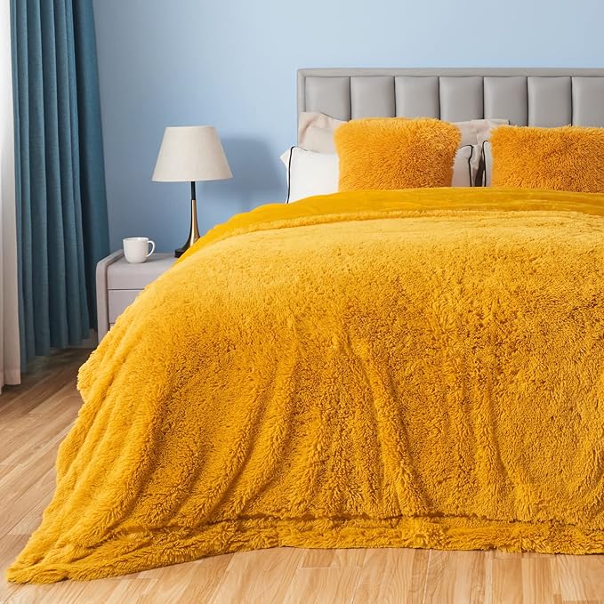 GONAAP Fuzzy Faux Fur Throw Blanket Queen Size Mustard Yellow Super Soft Cozy Plush Fuzzy Shaggy Blanket for Couch Sofa Bed (Mustard Yellow, Queen(90"x90"))-HomvellaHome