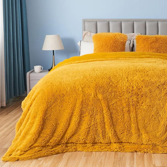 GONAAP Fuzzy Faux Fur Throw Blanket Queen Size Mustard Yellow Super Soft Cozy Plush Fuzzy Shaggy Blanket for Couch Sofa Bed (Mustard Yellow, Queen(90"x90"))-HomvellaHome