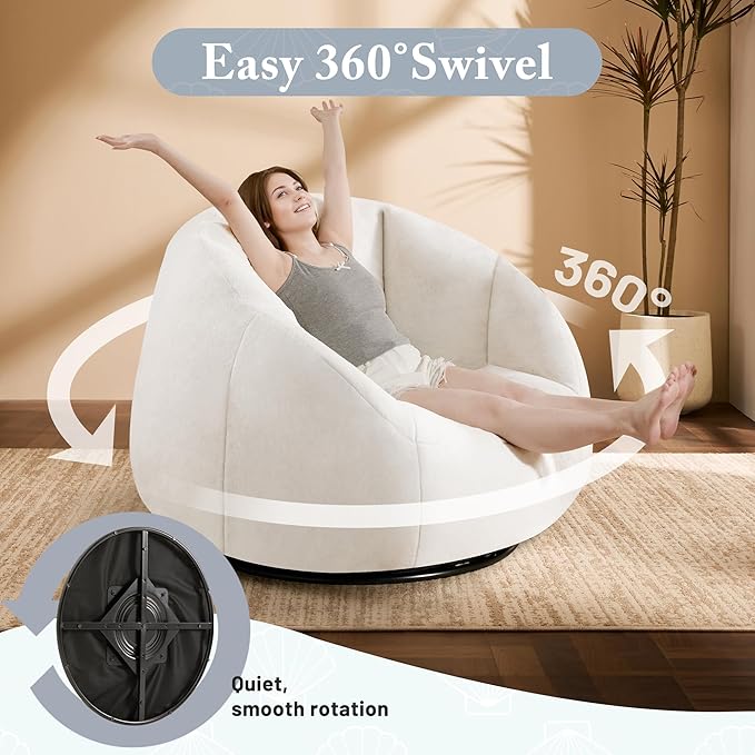 Giant Bean Bag Swivel Chair for Adults - Comfy Plush Round Shell Soft Accent Chaise Lounge Indoor Chair, Oversized Cozy Floor Sofa for Living Room, Bedroom & Game Rooms, Beige-HomvellaHome