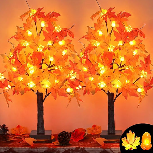 2 Pack 24 Inch Prelit Fall Maple Tree Fall Decor with 48 LEDs Timer Battery Operated Artificial Fall Light Up Tree Maple Acorn for Fall Thanksgiving Decorations Table Home Office Indoor Autumn Harvest-HomvellaHome