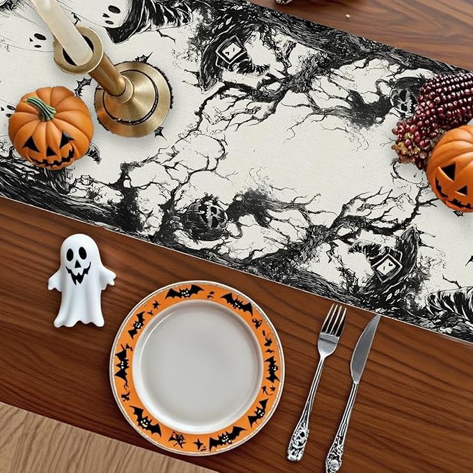 GPGHE Halloween Table Runner Black Ghost Holiday Burlap Table Decoration Indoor Outdoor Home Decor Party Supply 13 x 48 Inch-HomvellaHome