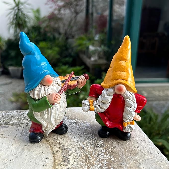 Garden Gnome Duo Decorative Figurines 5.5“ Ornament for Indoor Outdoor Home Garden Decor，Musical Violin Player and Dancing, Colorful Outdoor Statues, Set of 2-HomvellaHome