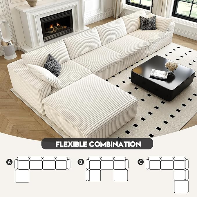 157.5" Cloud Couch Modular Sectional Sofa for Living Room,Modern Sofa with Deep Seat，L-Shape Boneless Couch with Ottoman,Comfy Upholstered Corduroy Couches for Apartment, Studio, Office,Bedroom，White-HomvellaHome