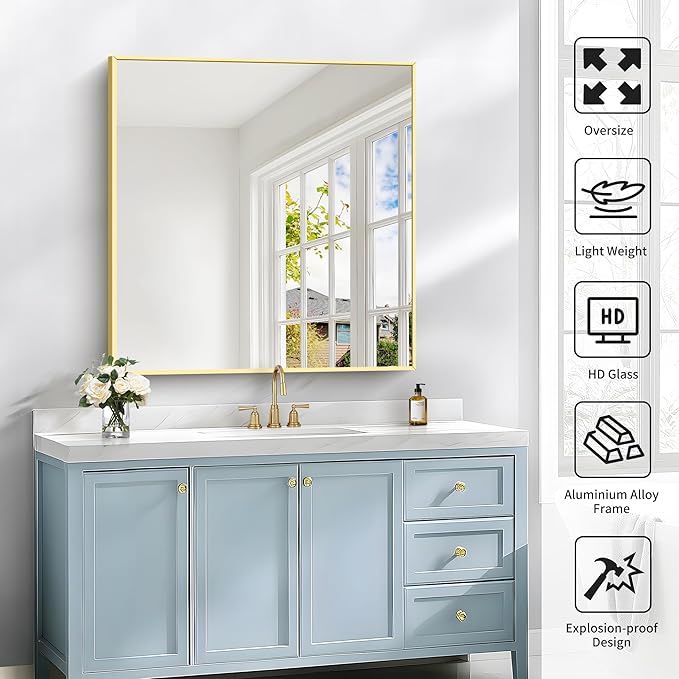 Gold Bathroom Mirror for Wall, 30x30 Inch Rectangle Mirrors with Metal Frame, Modern Vanity Wall Mirror Decor for Bathroom Living Room, Entryway Hangs Horizontal or Vertical-HomvellaHome