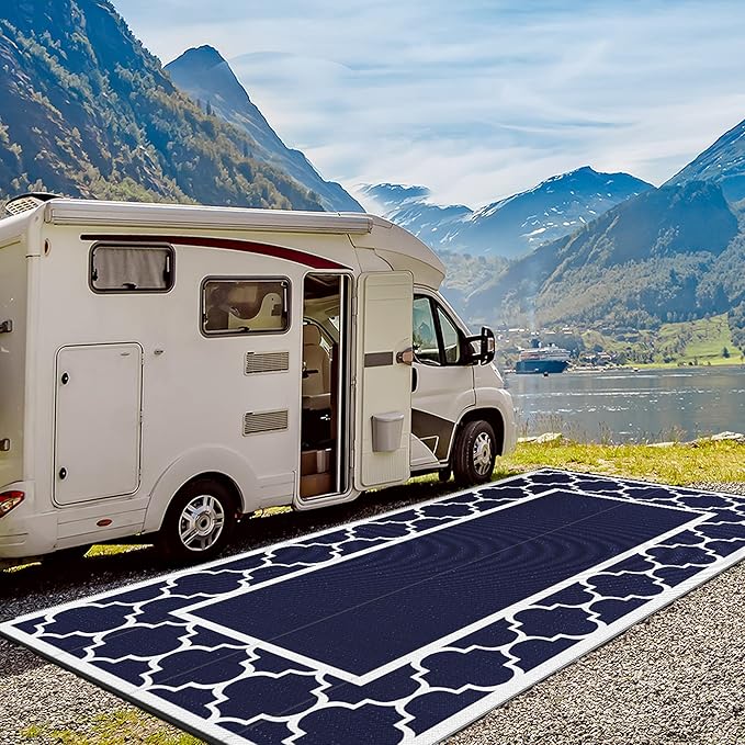 GENIMO 10 ' x 20 ' Outdoor Rug Waterproof for Patio Decor, Foldable Reversible Plastic Straw Area Rugs Mat for Camper, Outside Carpet for Rv, Deck, Porch, Picnic, Beach, Balcony, Blue & White-HomvellaHome