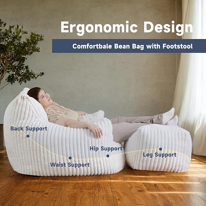Giant Bean Bag Chairs for Adults, Oversized Chaise Lounge Chair Indoor with Memory Foam - Plush Boneless Lounger & Ottoman for Bedroom, Living Room, Gaming & Reading, Lazy Floor Sofa Chair, Beige-HomvellaHome