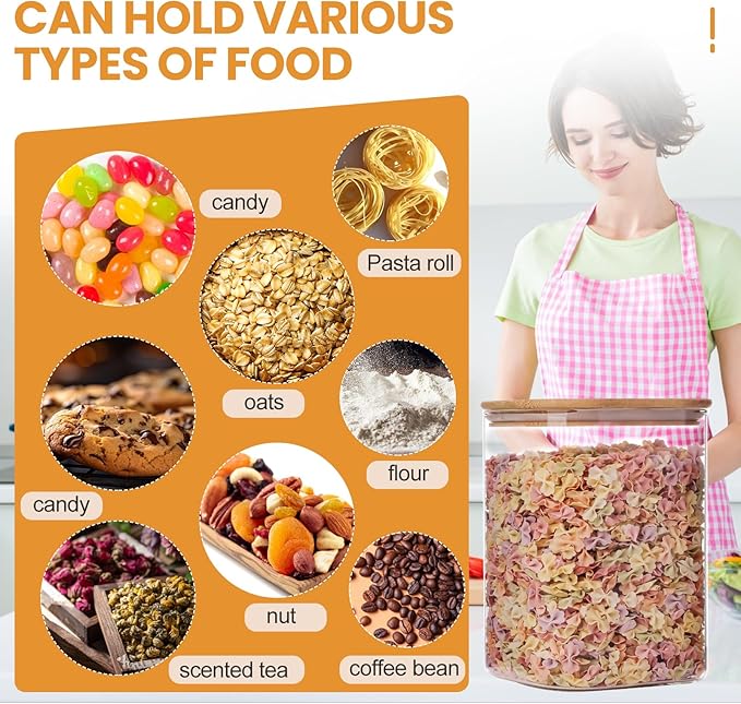 Glass Food Storage Jars 150 Set of 2,Glass Storage Containers Clear Glass Food Canister with Bamboo Lid Airtight For Serving Tea, Coffee, Flour, Sugar, Candy, Cookie, Spice and More (Square)-HomvellaHome