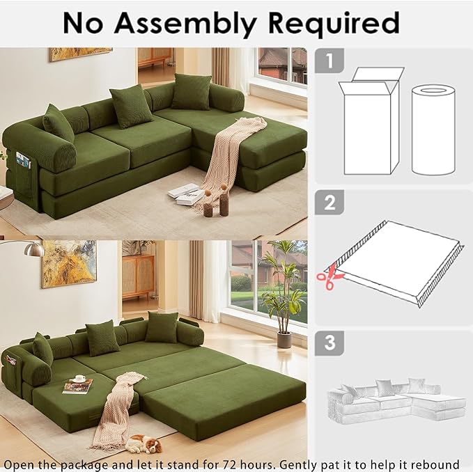 107" Oversized Convertible Sleeper Sofa Bed, Corduroy L Shape Sectional Couch, Folding Sofa Bed with Side Pocket, Modern Cloud Floor Mattress Couch, Modular Sofa for Living Room, Green-HomvellaHome