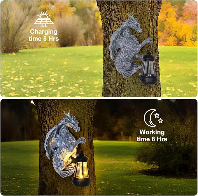 Garden Statues Tree Hugger Dragon - Halloween Dragon Statue Solar Lights Outdoor Patio Wall Decor,Christmas& Mothers Day&Birthday Gifts for Grandma Mom Women,Ideas Arts Crafts Waterproof Resin Lantern-HomvellaHome