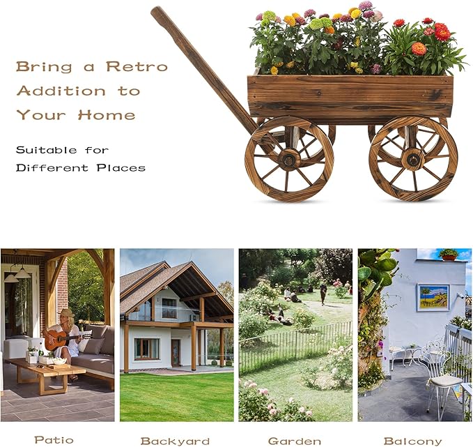 Garden Wooden Decor Rustic Flower Pot,Planters Wagon Indoor Outdoor Backyard Balcony Decor,for Outside Garden Decor Wheelbarrow Planter for Patio (Wooden Wagon)-HomvellaHome